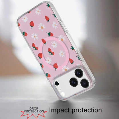 For Apple iPhone 17 Stylish Pattern Fashion IMD Printed Design TPU Double Layer Slim Shockproof with Magnetic Back Case Cover Strawberry Daisy