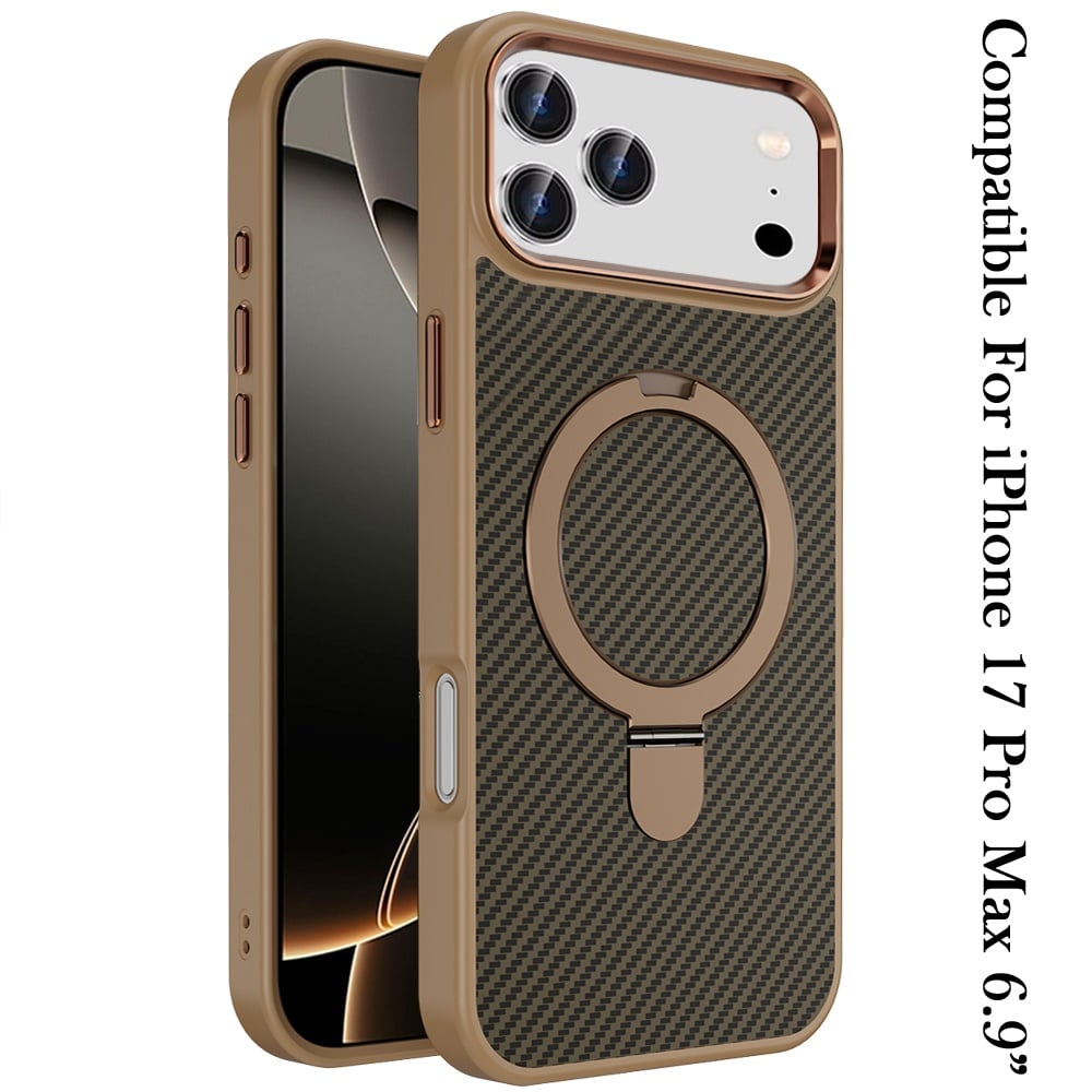 For Apple iPhone 17 Pro Max (6.9") Hybrid Carbon Fiber Design with MagSafe Compatible [Magnetic Circle], Ring Stand Shockproof Slim TPU Case Cover Brown