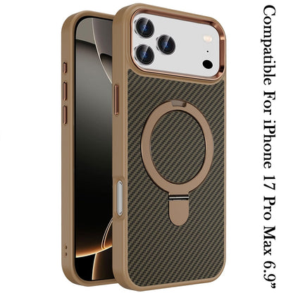 For Apple iPhone 17 Pro Max (6.9") Hybrid Carbon Fiber Design with MagSafe Compatible [Magnetic Circle], Ring Stand Shockproof Slim TPU Case Cover Brown