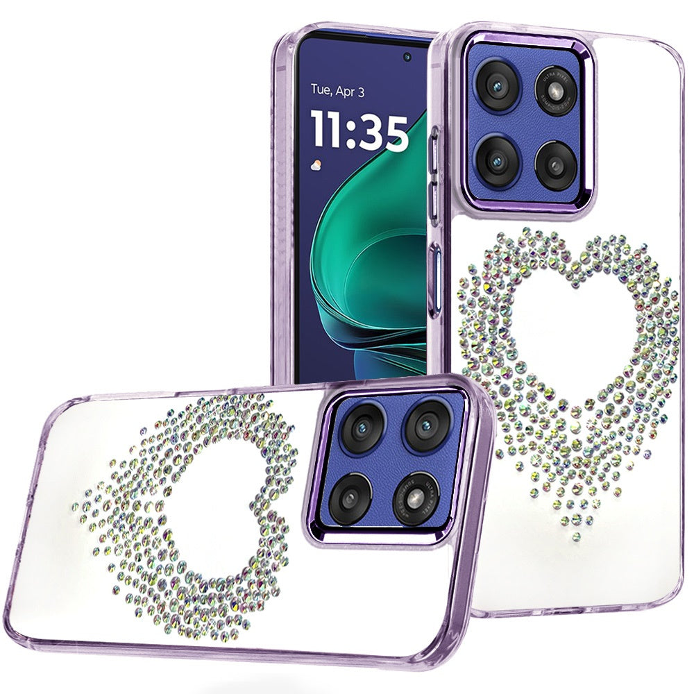 For Motorola Moto G 5G 2026/2025 Angel Hearts Bling Glitter Diamond Hybrid TPU Cover, Colorful Frame Shockproof Protective Back Case Cover Purple