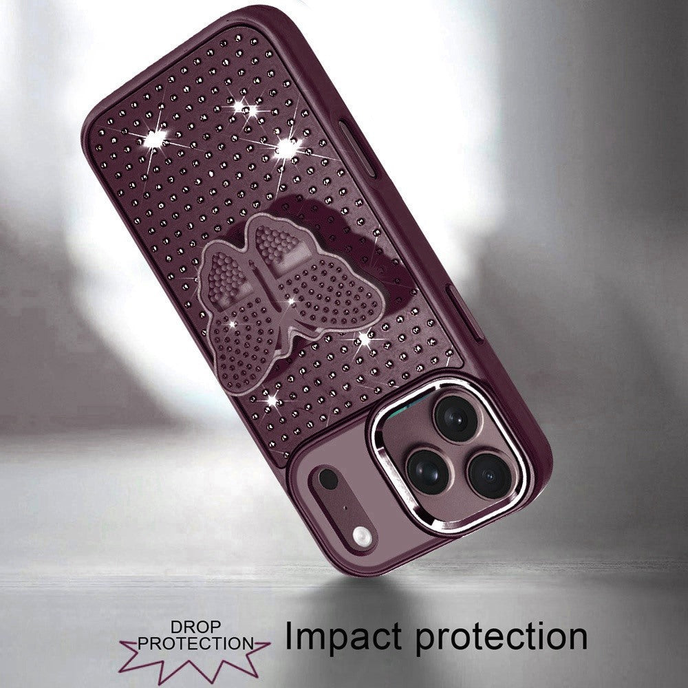 Phone Case for Apple iPhone 18 Pro/ iPhone 17 Pro Butterfly Grip Pop Stand Diamond Sparkle Hybrid Shockproof Metal Button Slim Protective Grip Decorative Design Cover Purple