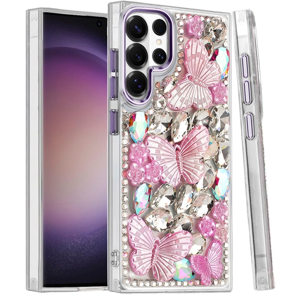Phone Case for Samsung Galaxy S23 Ultra Luxury 3D Floral Butterfly Bling Rhinestone Glitter Shockproof Stylish Protective Hybrid Designer Metallic Cover