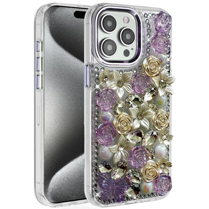 Phone Case for iPhone 15 Pro (6.1") Luxury Rose Bling Rhinestone Glitter Floral Hybrid Shockproof Stylish Protective Designer Ornament Sparkle Cover Purple