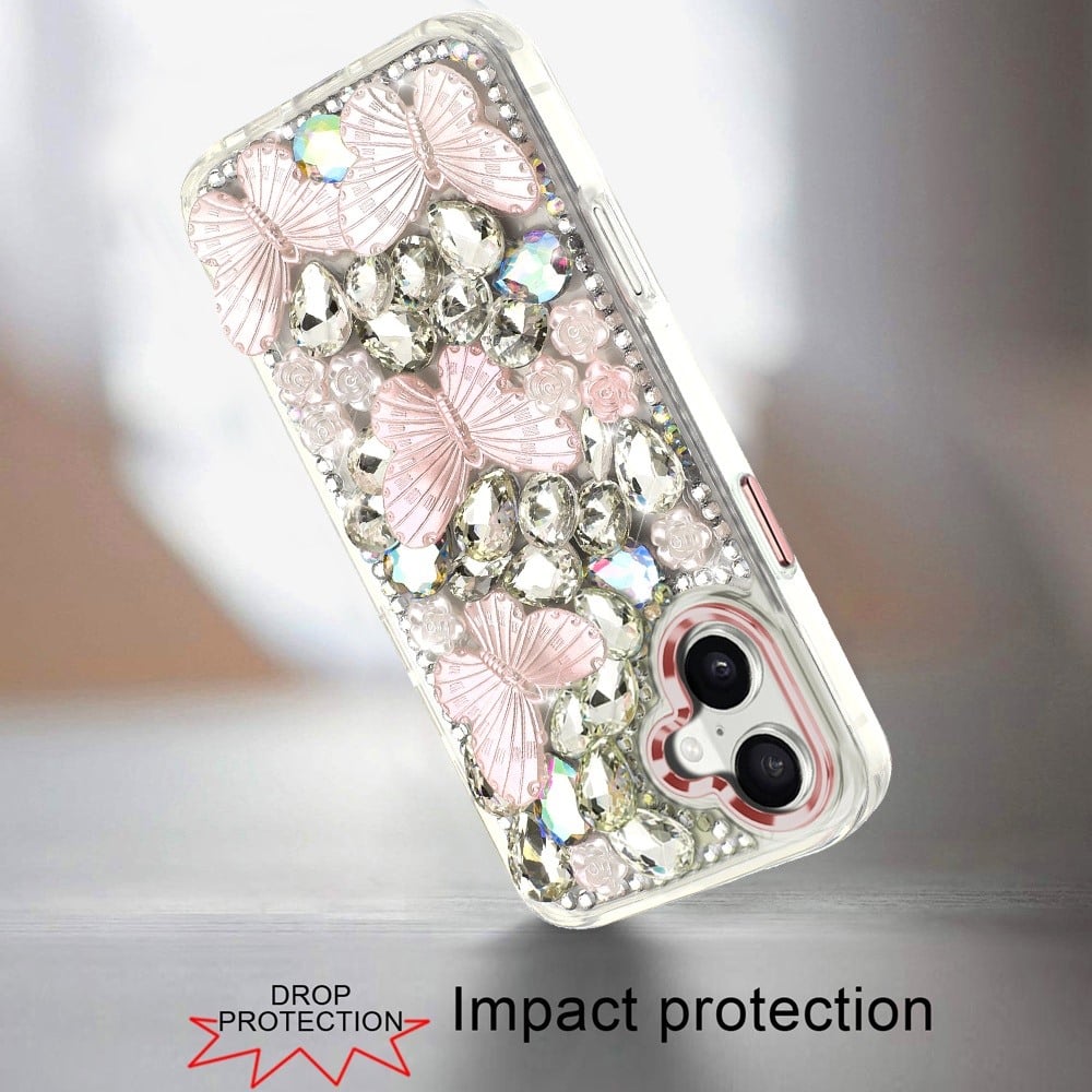 Phone Case for Apple iPhone 16 Plus Luxury 3D Floral Butterfly Bling Rhinestone Glitter Shockproof Stylish Protective Hybrid Designer Metallic Cover