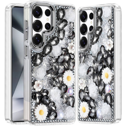 For Apple iPhone 16e Fashion Daisy Floral Series, Full 3D Bling Crystal Diamonds Sparkling Rhinestone Glitter Hybrid Design Case Cover