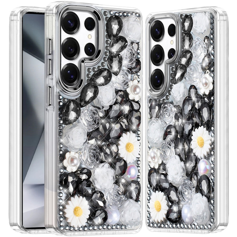 For Motorola Moto G 5G 2025 Fashion Daisy Floral Series, Full 3D Bling Crystal Diamonds Sparkling Rhinestone Glitter Hybrid Design Case Cover