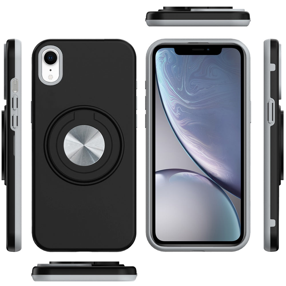 For Apple iPhone XR Metal Matte Hybrid with Invisible Rotational Ring Stand, Car Mount Friendly, Military Grade Slim Fit Sturdy Case Cover