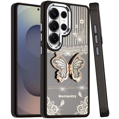 For Samsung Galaxy S25 Ultra Glitter 3D Butterfly Design Bling Metallic Edge Hybrid Stand Drop Protection TPU Shockproof Case Cover