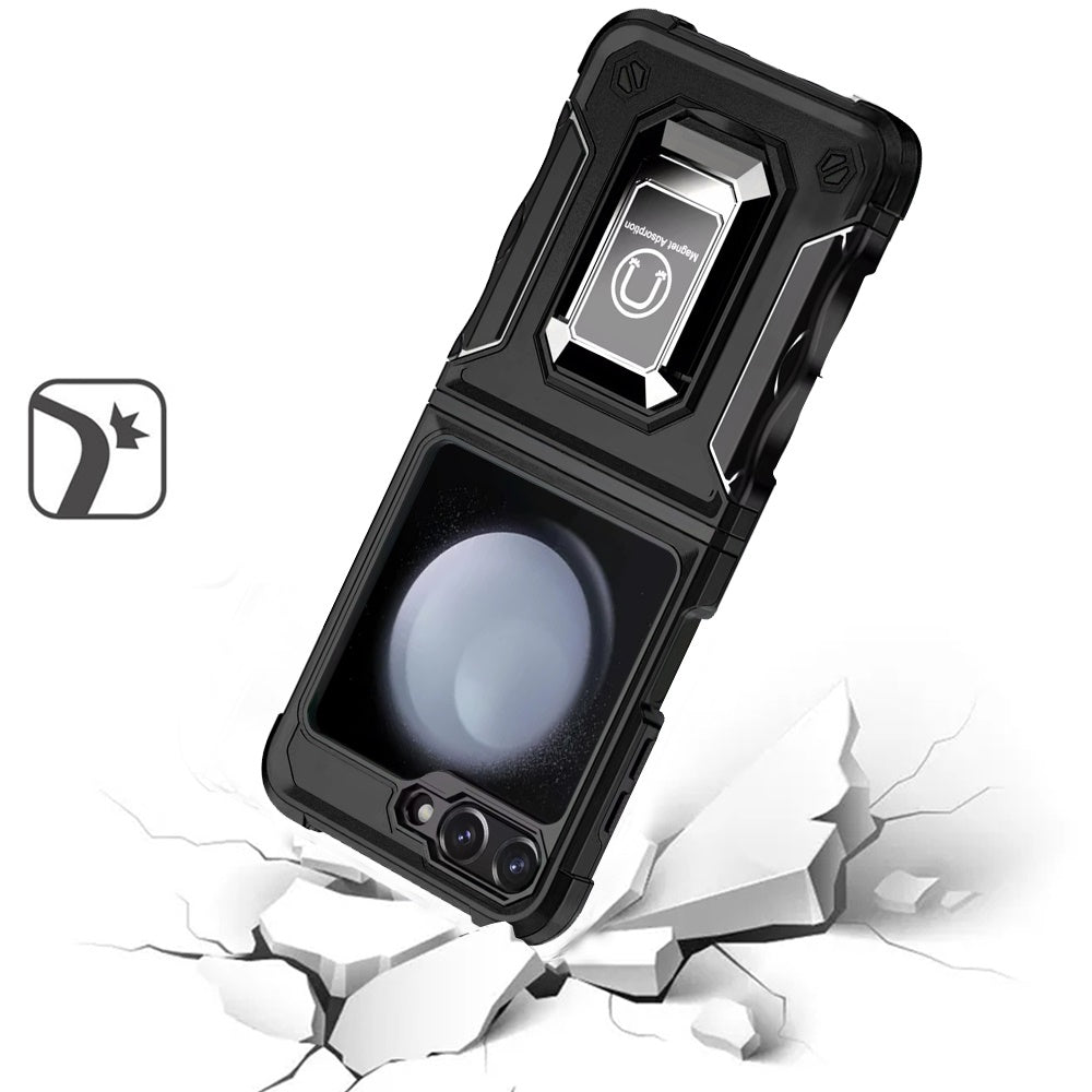 For Samsung Galaxy Z Flip 7 FE Hybrid Stand Magnetic Ring Holder Kickstand Heavy Duty Rugged Drop Silicone & Hard PC Shockproof Case Cover Black