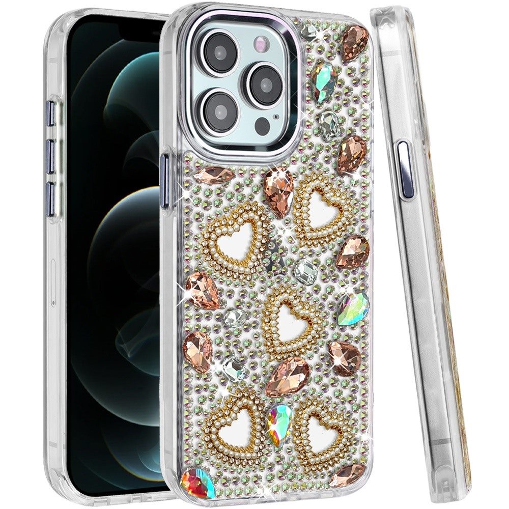 Phone Case for Apple iPhone 12 Pro Max Luxury Crystal Heart Rhinestone Diamond Bling Shockproof Hybrid Glitter Protective Stylish Durable Grip Cover