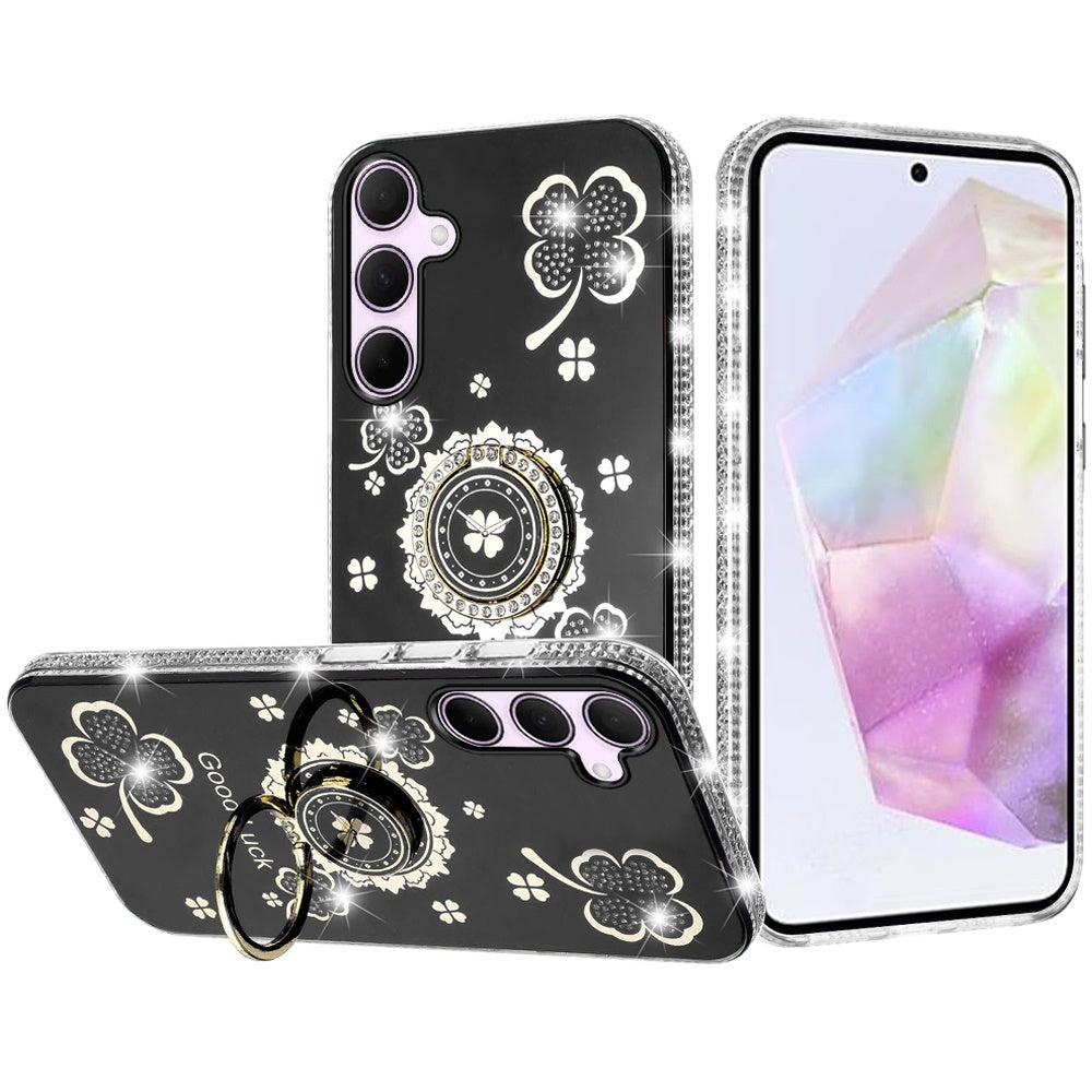 For Apple iPhone 17E /16E Diamonds Bling All Around Edges Sparkly Glitter Hybrid with Ring Stand Holder Fashion Good Luck Case Cover