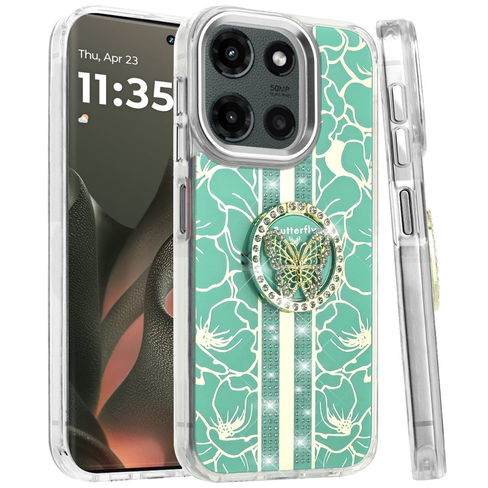 For Motorola Edge 2025 Diamonds 3D Butterfly Floral Design Bling Sparkly Glitter Hybrid Metal Fashion with Ring Stand Case Cover