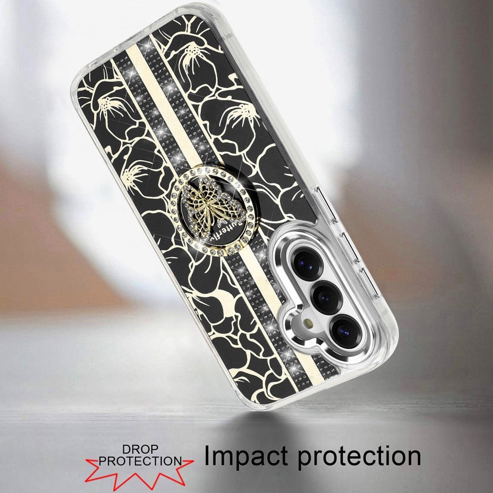 Phone Case for Samsung Galaxy S26 FE /S26 Fan Edition Floral Butterfly Ring Stand Glitter Bling Shockproof Hybrid Luxury Fashion Protective Anti Slip Durable Grip Cover