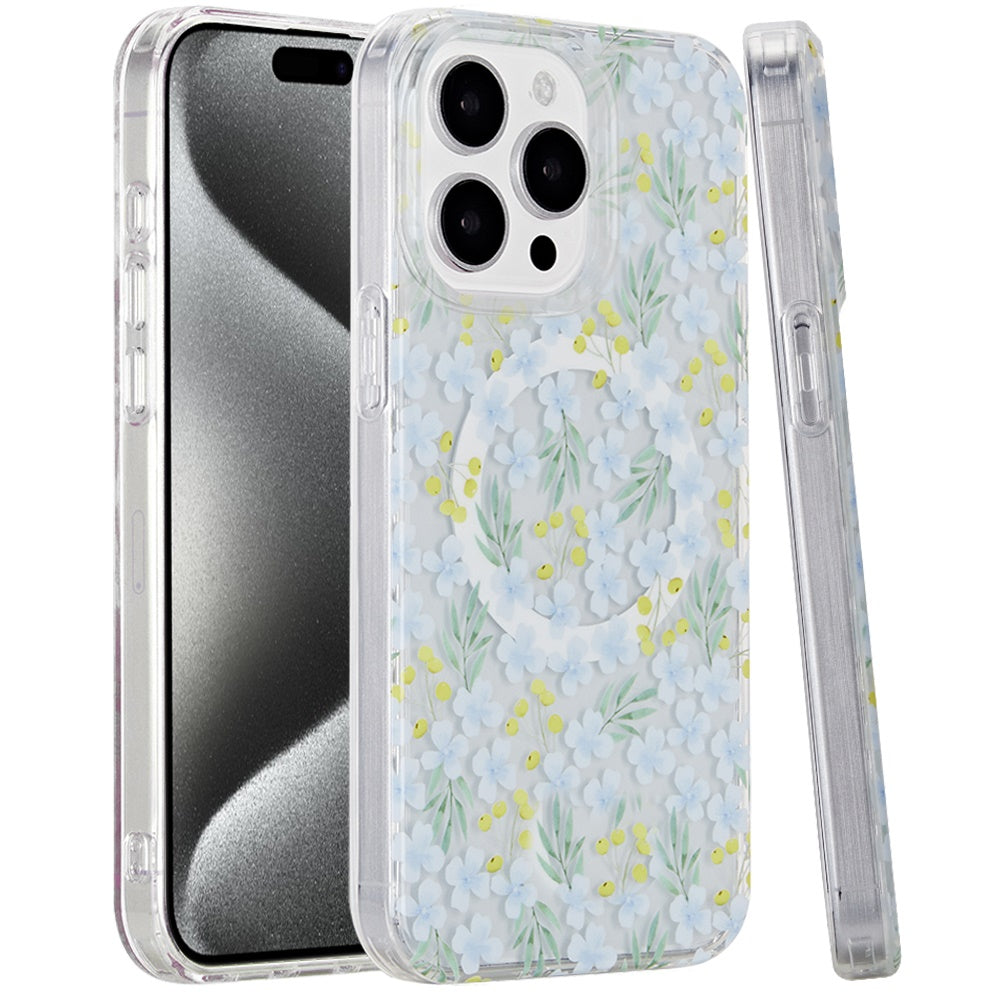 For Apple iPhone 16 Pro (6.3") Floral Pattern Design Cute Clear Hybrid Compatible with Magsafe Double Layer Soft TPU Hard PC Case Cover