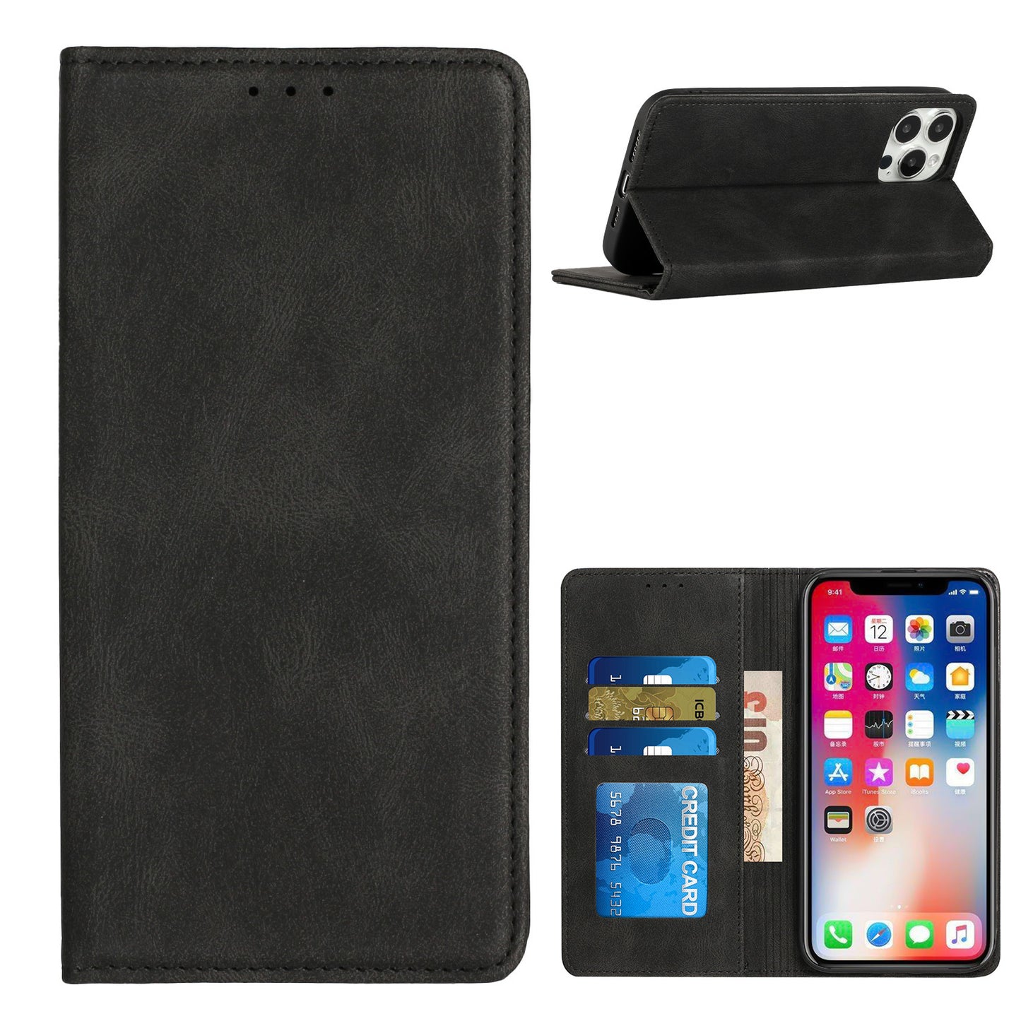 For Apple iPhone 16 Pro Max (6.9") PU Leather Pouch Flip Folio Wallet ID Credit Card Slots Money Holder with Magnetic Closure & Kickstand Case Cover