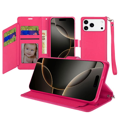 For Apple iPhone 17 Pro (6.3") Wallet Cases PU Leather with Credit Card /ID /Cash Holder Slot Dual Flip Book Pouch, Stand and Strap Case Cover