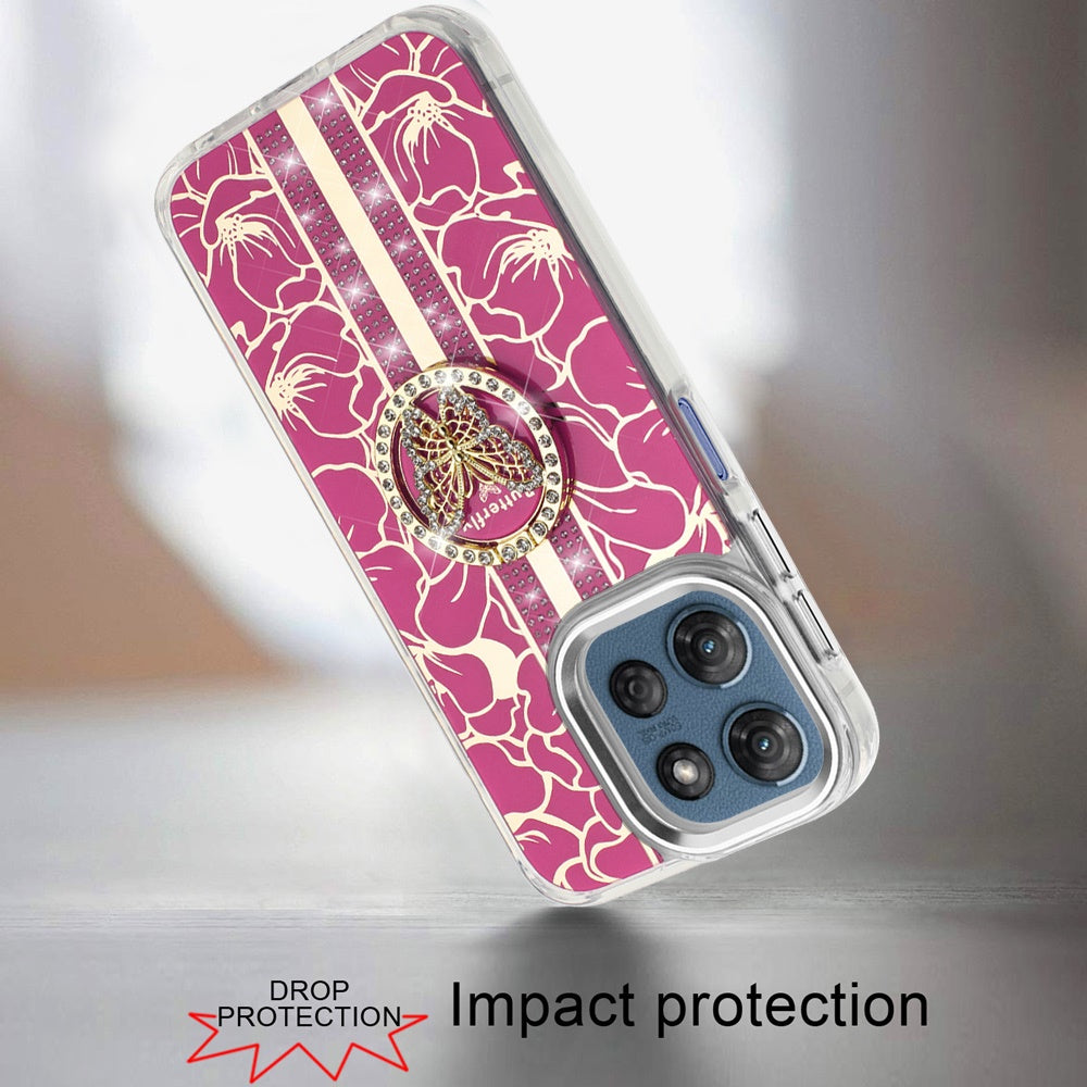 Phone Case for Motorola Moto G Play 5G 2026 Floral Butterfly Ring Stand Glitter Bling Shockproof Hybrid Luxury Fashion Protective Anti Slip Durable Grip Cover