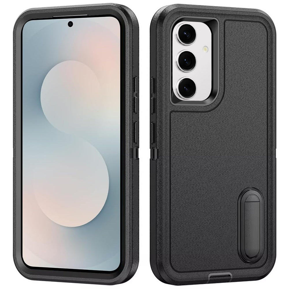 For Samsung Galaxy S23 Hybrid 3 Layers Hard 3in1 Shockproof with Kickstand Heavy Duty Hard TPU Rubber Anti-Drop Case Cover Black +Black