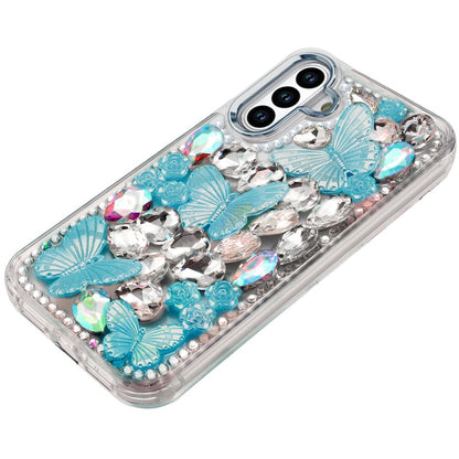 For Samsung Galaxy A36 3D Diamond Floral Butterfly Bling Stone Hybrid, Sparkly Rhinestone Gemstone Back Shockproof Case Cover