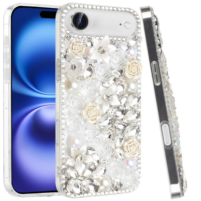 For Apple iPhone 17 Air (6.6") Fashion Rose Flower Floral Bling Crystal 3D Full Diamonds Pearl Sparkle Rhinestone Glitter Hybrid Case Cover