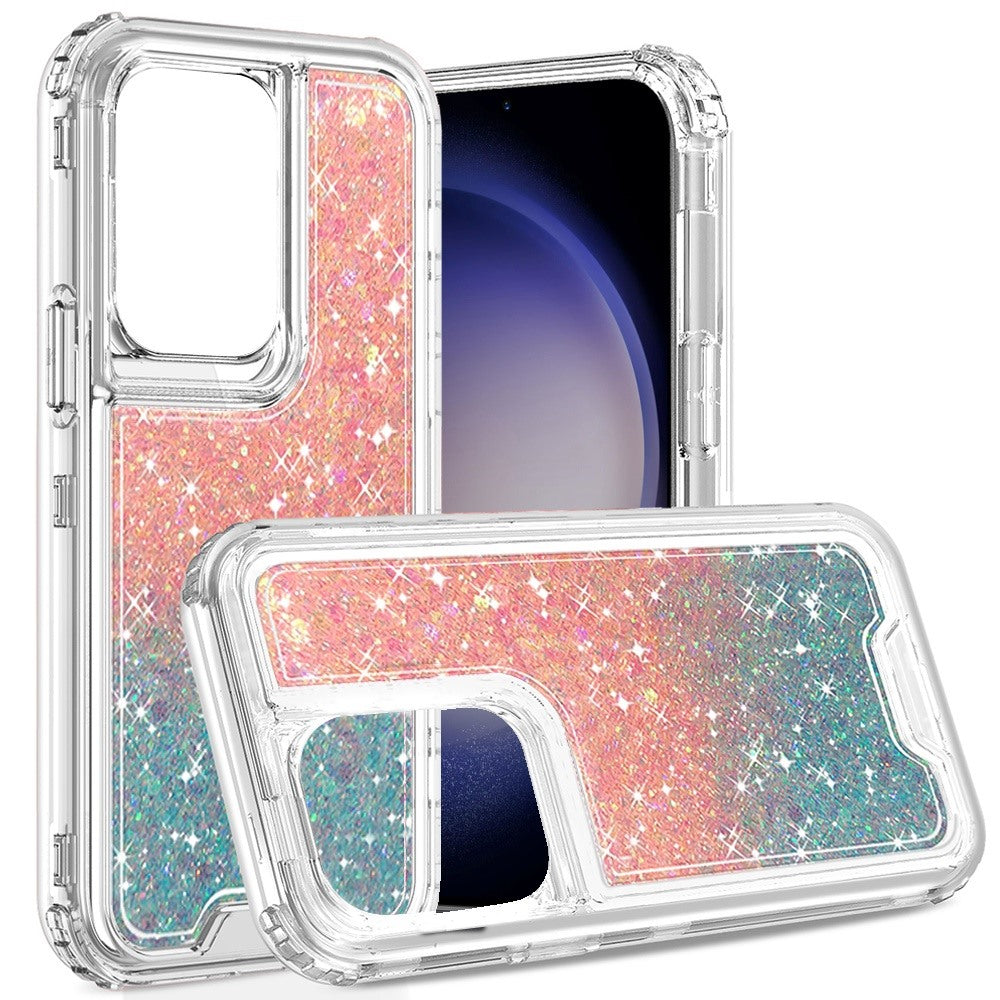 For Samsung Galaxy S24 Epoxy Bling Glitter Sparkly 3-in-1 Transparent Hybrid Full-Body Shockproof PC Bumper Case Cover Pink + Light Blue