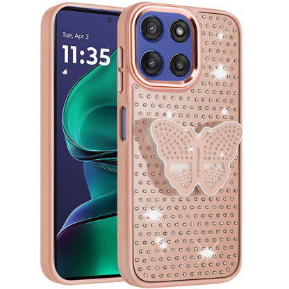 For Motorola Moto G Stylus 5G 2025 Butterfly Moveable Grip 3D Pop Stand Full Diamond Bling Sparkling TPU Fashion Hybrid Case Cover