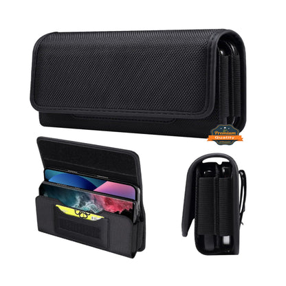 For Apple iPhone 16 Plus (6.7") Universal Dual Phone Holster Horizontal Pouch for 2 Phones, Double Decker Belt Clip Case with Credit Card Slots Wallet Cover [Black]