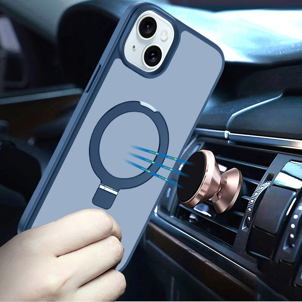 Phone Case for Apple iPhone 15 Magnetic Ring Stand Full Rotation Matte Shockproof Grip Anti Slip Durable Camera Protection Hybrid Cover Blue