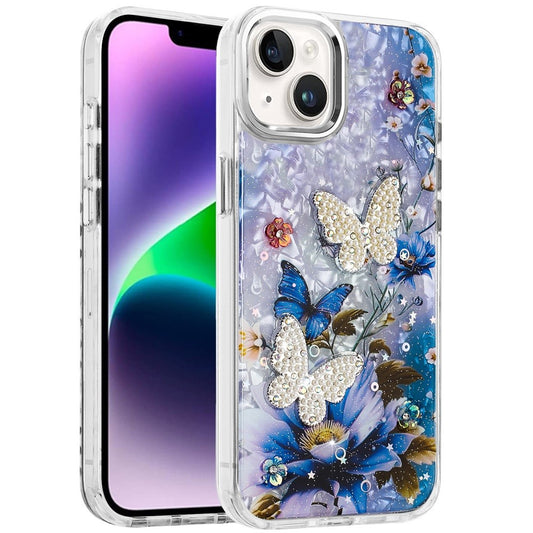 Phone Case for Apple iPhone 14 /iPhone 13 Glitter Butterfly Design Metal Buttons Shockproof Hybrid TPU + PC Durable Protective Slim Grip Stylish Cover