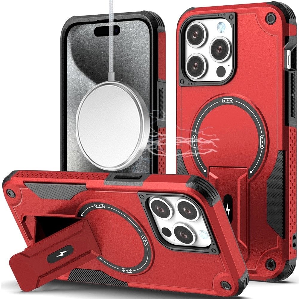 Phone Case for Apple iPhone 15 Pro Max Magnetic Kickstand Rugged Shockproof Armor Grip Anti Slip Heavy Duty Protective Matte Stand Hybrid Cover Red