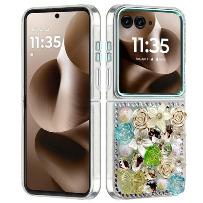 For Motorola Razr Ultra 2025 3D Diamond Floral Roses Flower Bling Stone Hybrid, Sparkly Rhinestone Gemstone Back Shockproof Case Cover