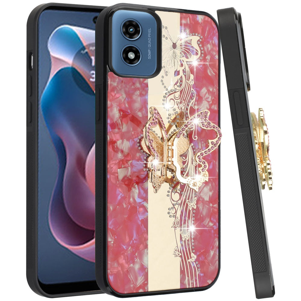 For Motorola Moto G 5G 2025 Diamonds 3D Butterfly Bling Sparkly Glitter Ornaments Engraving Hybrid with Stand Fashion Case Cover Enchanted Butterfly Red