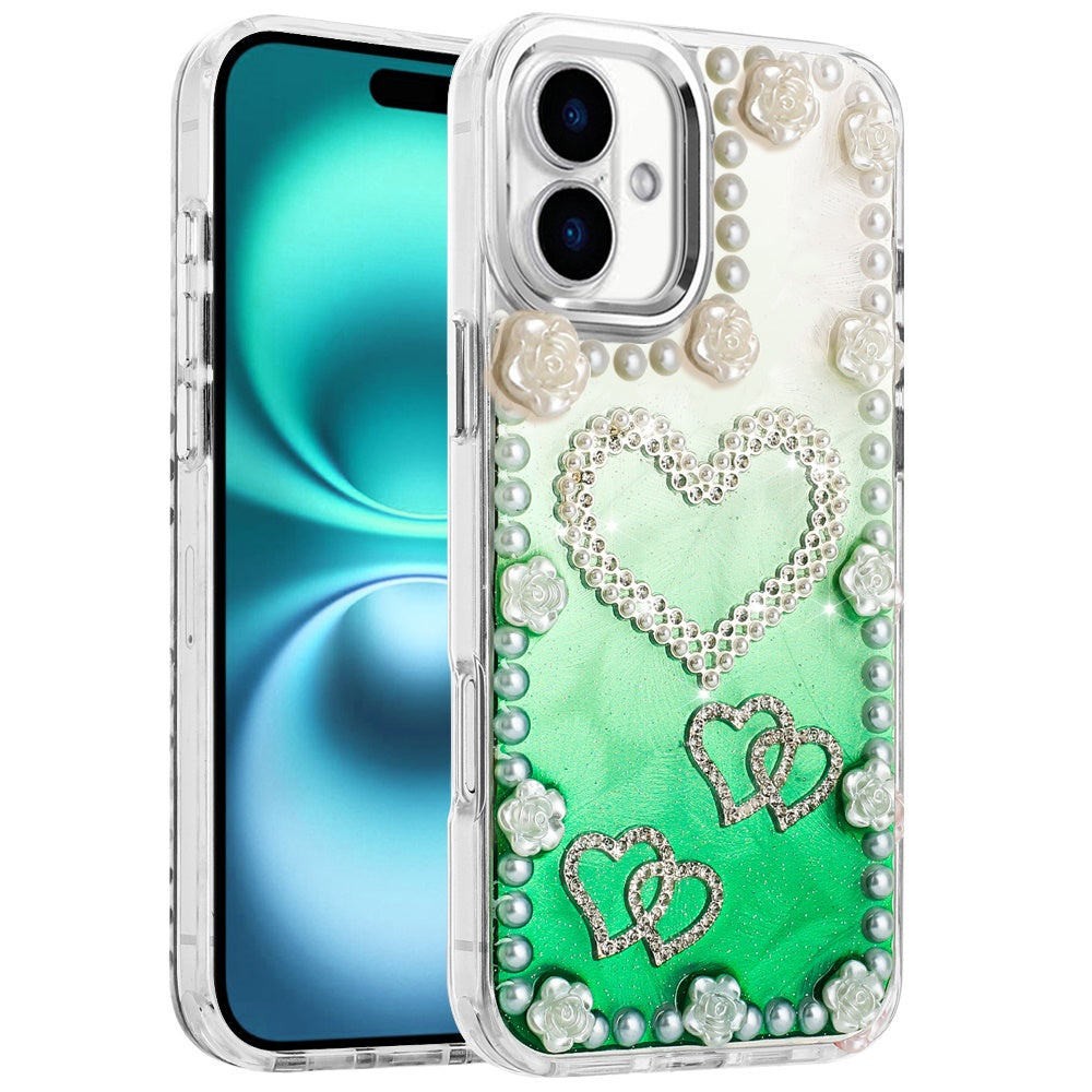 For Apple iPhone 17 (6.3") Bling Fashion Design with 3D Pearls Epoxy Glitter Ornaments Chrome Edge Hard Slim PC Case Cover