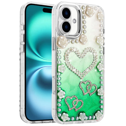 For Apple iPhone 17 (6.3") Bling Fashion Design with 3D Pearls Epoxy Glitter Ornaments Chrome Edge Hard Slim PC Case Cover