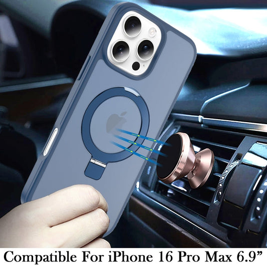 Phone Case for iPhone 16 Pro Max (6.9") Magnetic Ring Stand Full Rotation Matte Shockproof Grip Anti Slip Durable Camera Protection Hybrid Cover Blue