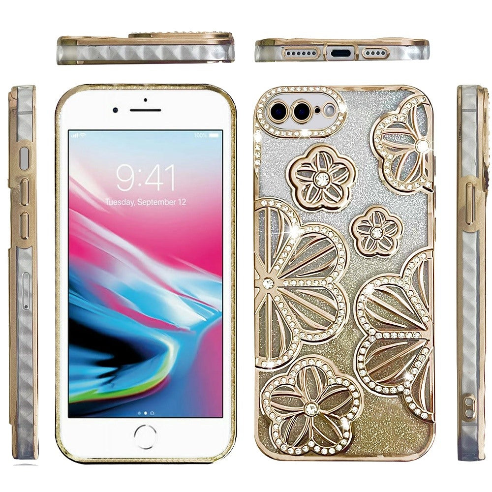 For Apple iPhone 8 Plus/7 Plus Luxury Floral Design Sparkle Glitter Diamond Crystal Rhinestone Shimmer Bling Plating Thick TPU Hard PC Case Cover