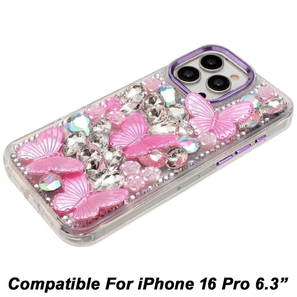 Phone Case for Apple iPhone 16 Pro Luxury 3D Floral Butterfly Bling Rhinestone Glitter Shockproof Stylish Protective Hybrid Designer Metallic Cover