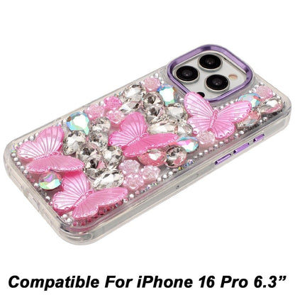 Phone Case for Apple iPhone 16 Pro Luxury 3D Floral Butterfly Bling Rhinestone Glitter Shockproof Stylish Protective Hybrid Designer Metallic Cover