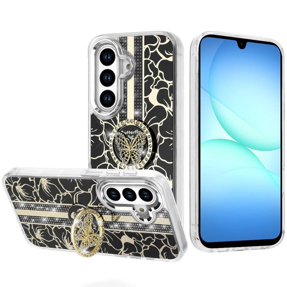 Phone Case for Galaxy A17 5G Floral Butterfly Ring Stand Glitter Bling Shockproof Hybrid Luxury Fashion Protective Anti Slip Durable Grip Cover