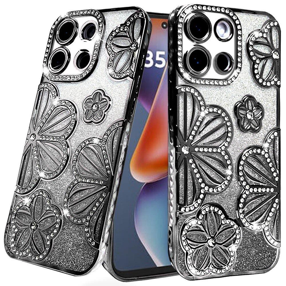 For Apple iPhone 17E /16E Luxury Flower Design Sparkle Glitter Diamond Rhinestone Shimmer Bling Plating Thick TPU Hard PC Case Cover