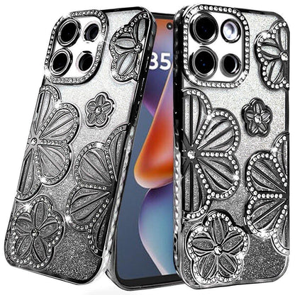 For Apple iPhone 17E /16E Luxury Flower Design Sparkle Glitter Diamond Rhinestone Shimmer Bling Plating Thick TPU Hard PC Case Cover