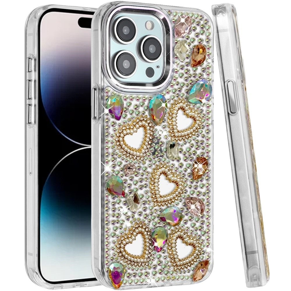 Phone Case for Apple iPhone 14 Pro Max Luxury Crystal Heart Rhinestone Diamond Bling Shockproof Hybrid Glitter Protective Stylish Durable Grip Cover