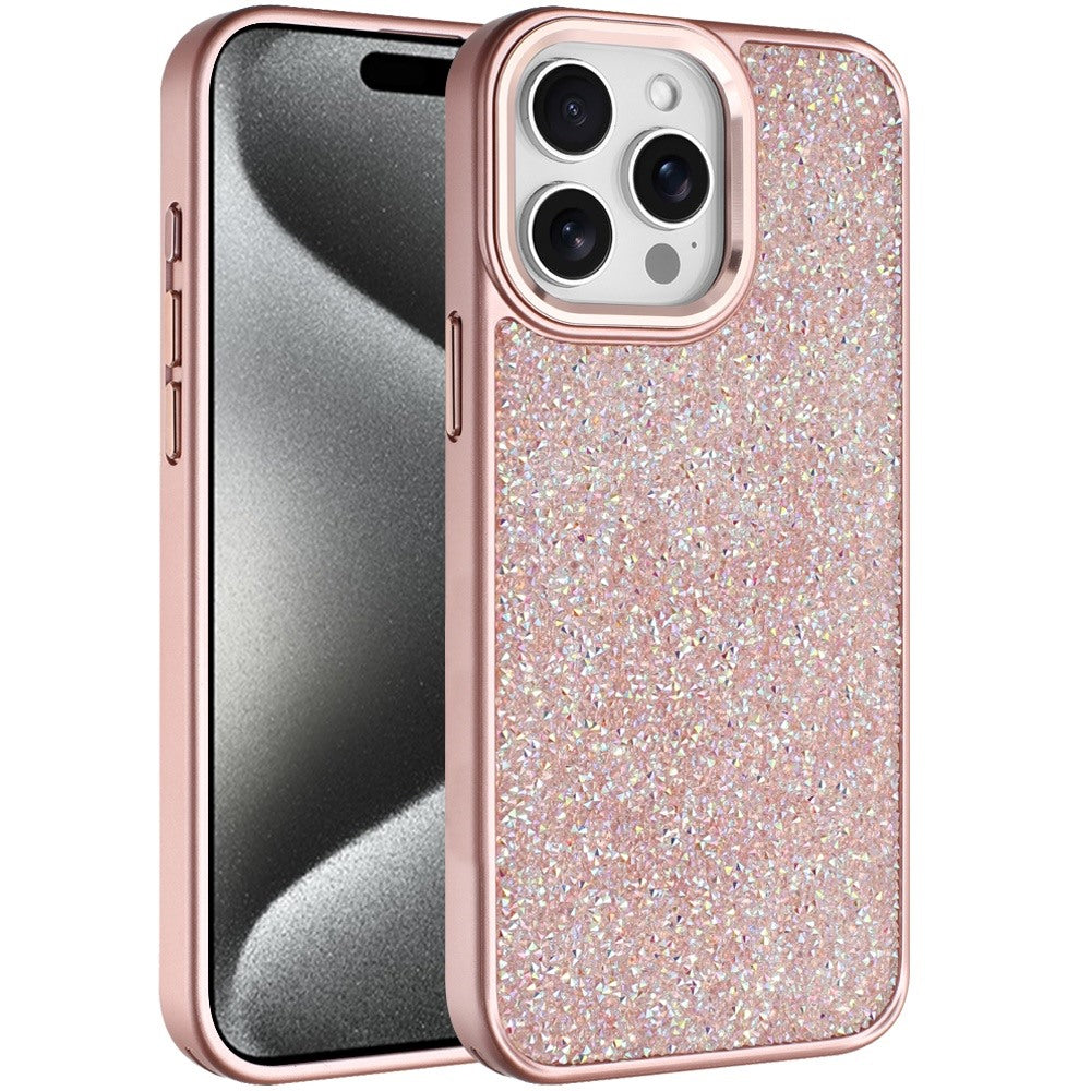 For Apple iPhone 15 Pro Max Crystal Sparkle Diamond Glass Full Mini Glitter Bling Frame TPU Hybrid Protective Case Cover