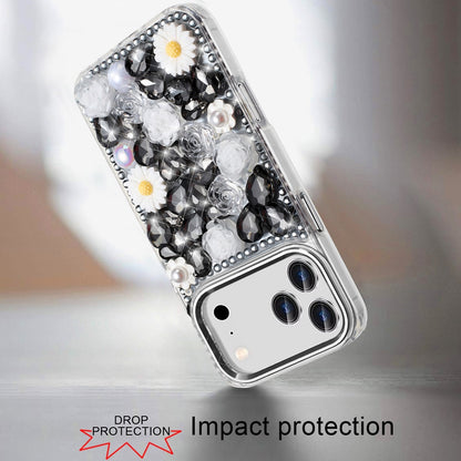 For Apple iPhone 17 Pro Max (6.9") Fashion Daisy Floral Series, Full 3D Bling Crystal Diamonds Sparkling Rhinestone Glitter Hybrid Design Case Cover