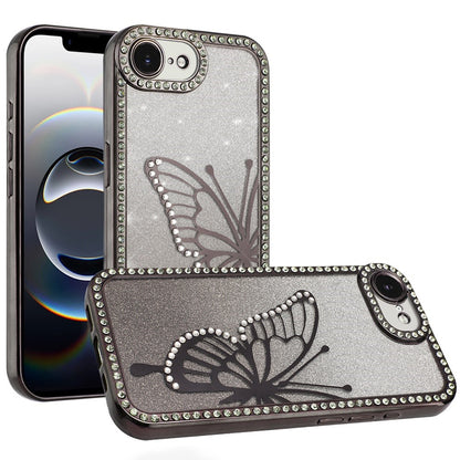 For Apple iPhone 17E /16E Butterfly Glitter Diamond Shimmer Hybrid Slim & Stylish Electroplated Sparkly Bling Shockproof TPU Protective Case Cover Black