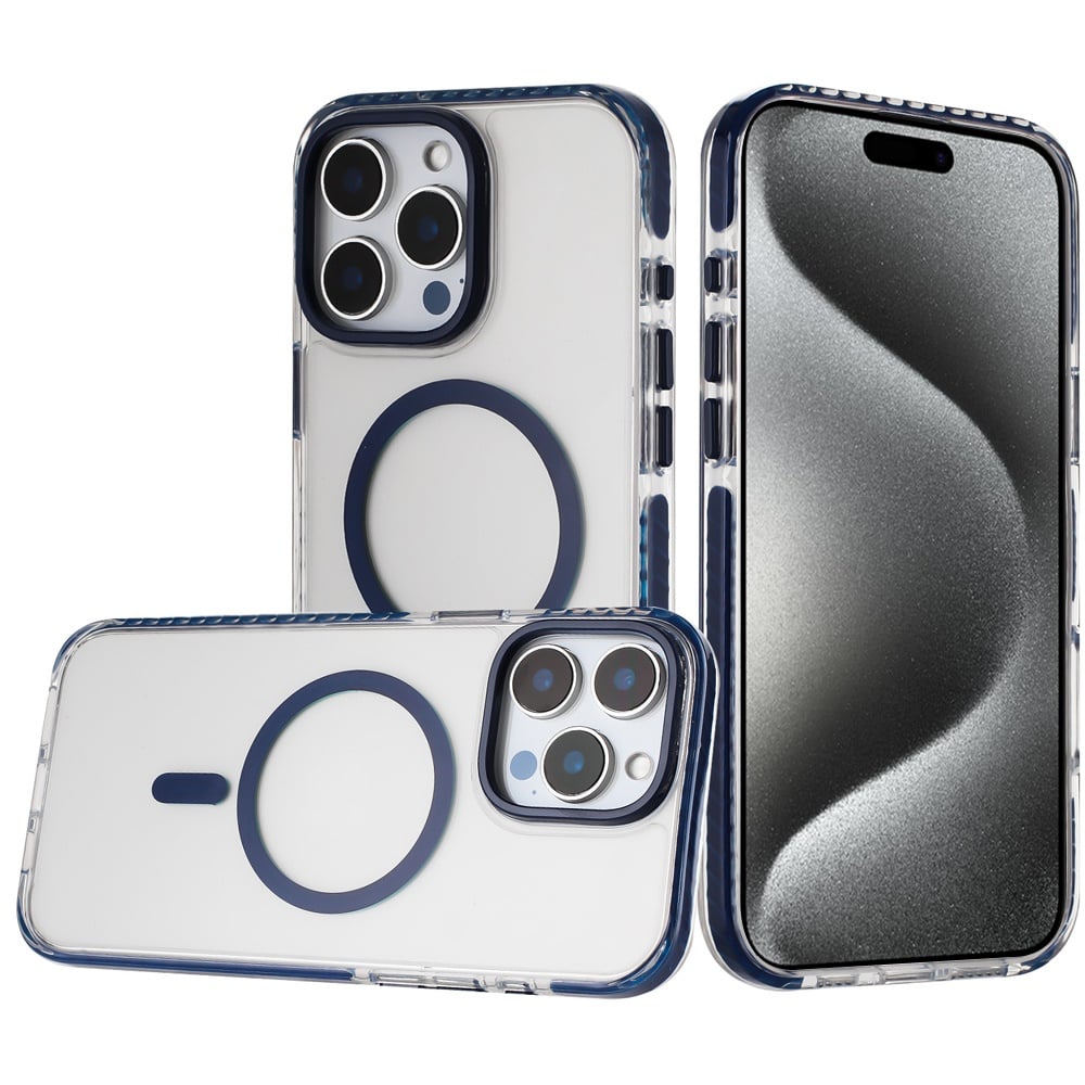 For Apple iPhone 15 Pro Max Transparent Hybrid with Color-Matched Magnetic Circle, Rubber TPU Frame Hard PC Shockproof Case Cover