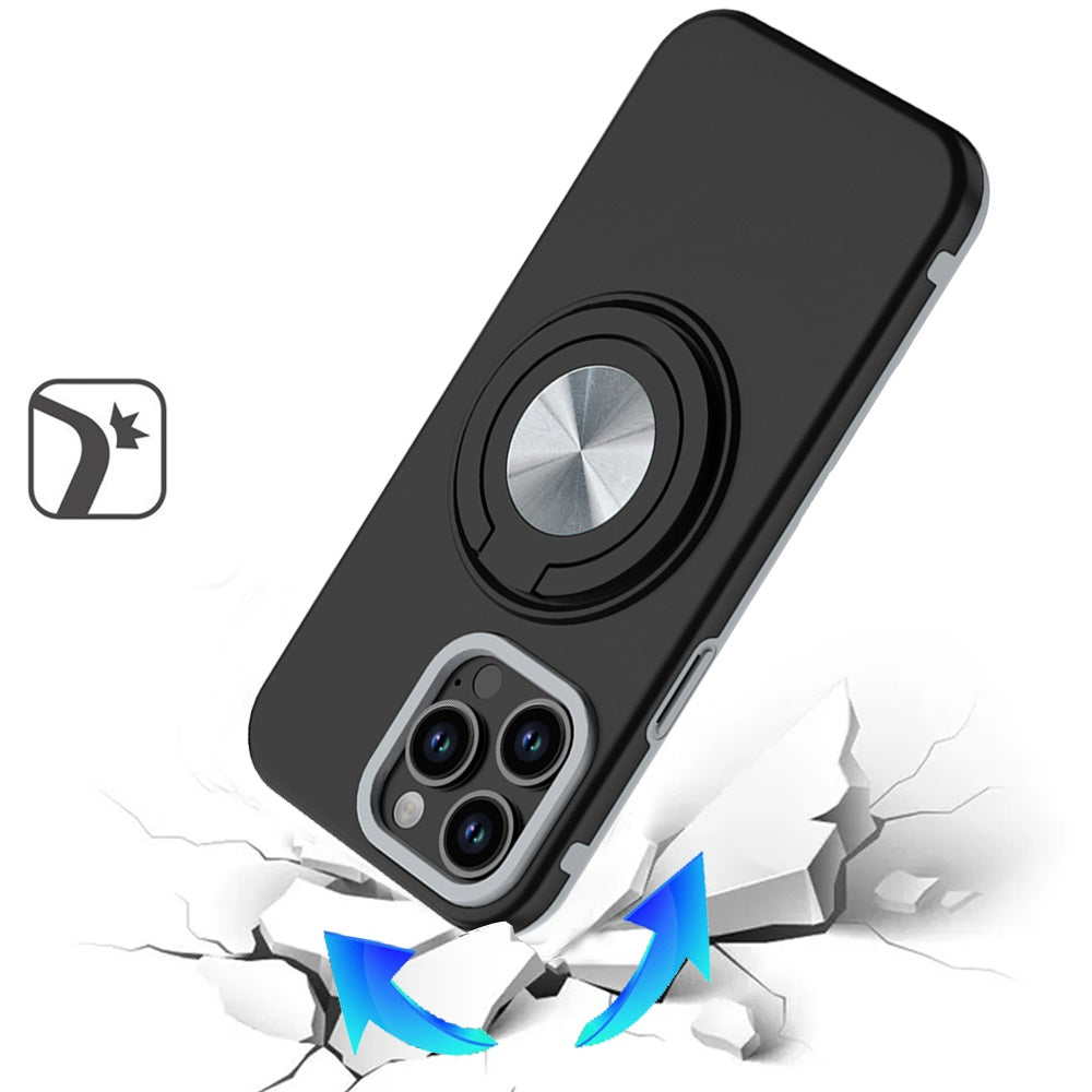 Phone Case for Apple iPhone 13 Pro Shockproof Magnetic Ring Stand Rotating CarMount Hybrid Metal Matte Finish AntiSlip Grip Kickstand Cover Black