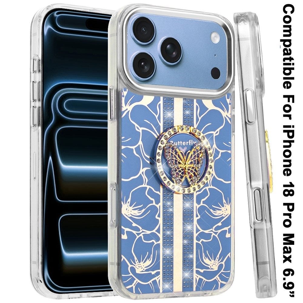 Phone Case for Apple iPhone 18 Pro Max Floral Butterfly Ring Stand Glitter Bling Shockproof Hybrid Luxury Fashion Protective Anti Slip Durable Grip Cover