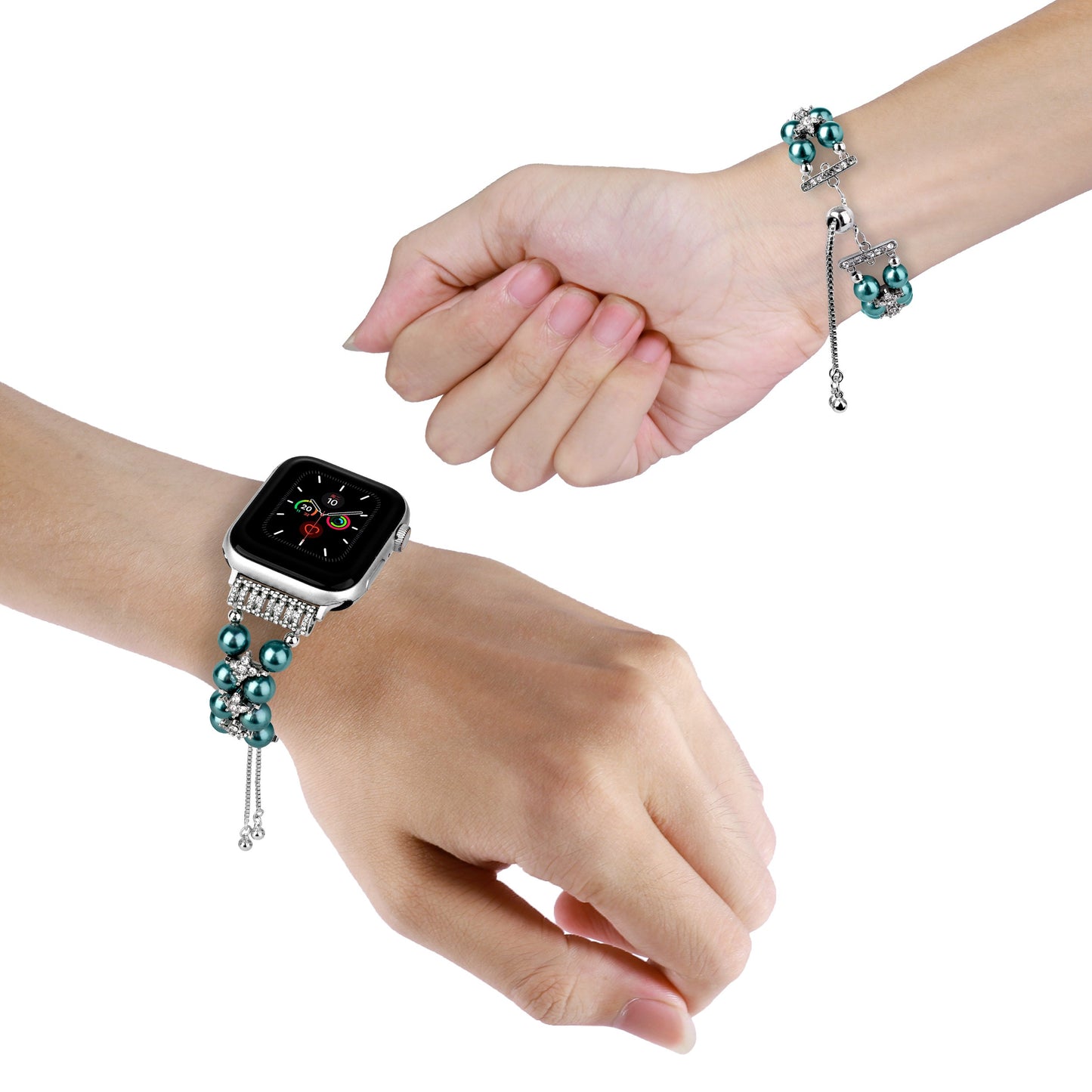 Watch Band for Apple Watch 38/40/41mm, Series 1-8 & SE Pearls Fashion Bling Strand Metal Adjustable replacment Bracelet Style with Secure Attachment
