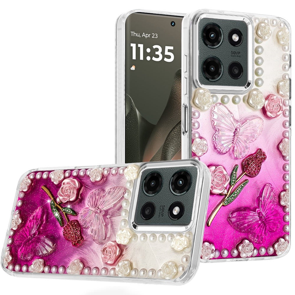 For Motorola Moto G 5G 2025 Bling Fashion Design with 3D Pearls Epoxy Glitter Ornaments Chrome Edge Hard Slim PC Case Cover